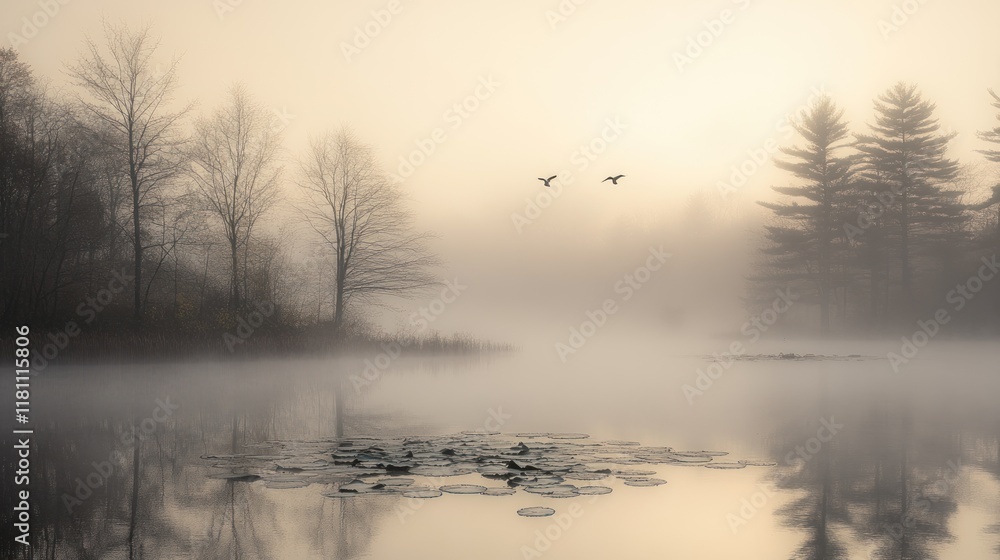 Fototapeta premium Misty Morning Lake with Flying Birds and Lily Pads