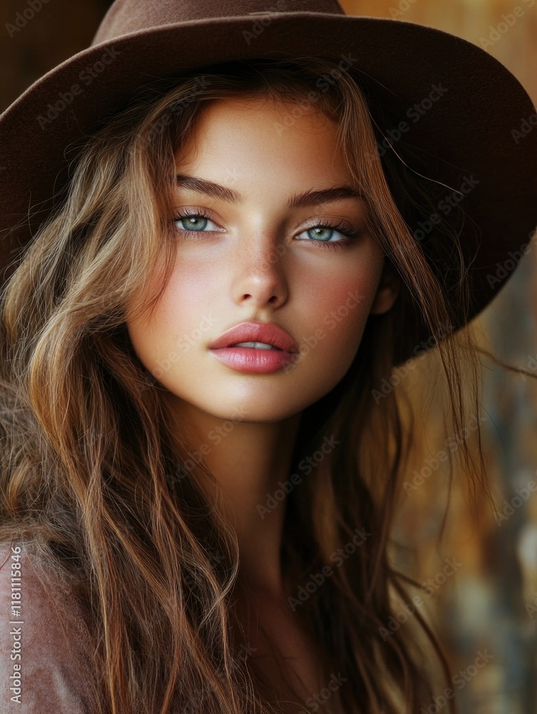 Portrait of a young woman with long wavy hair and blue eyes wearing a wide-brimmed brown hat, against a rustic background. Portrait of a young woman with long wavy hair and blue eyes wearing a wide-brimmed brown hat, against a rustic background.