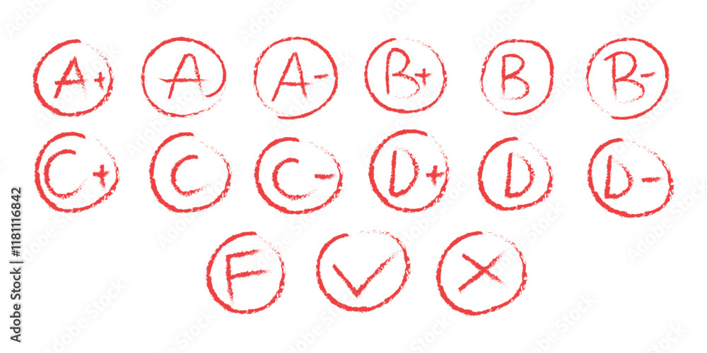 Grade points from A B C D, and F with crayon, rough texture red line, check and cross marks for education, school, test, college, university, elementary school. For kid and more Grade points from A B C D, and F with crayon, rough texture red line, check and cross marks for education, school, test, college, university, elementary school. For kid and more