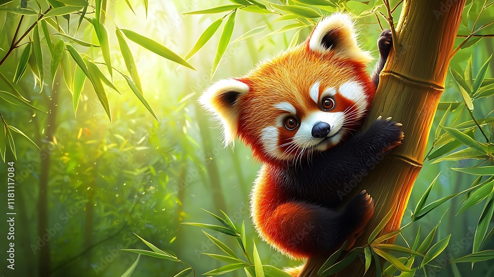 Adorable red panda cub clinging to bamboo stalk in sunlit forest. Adorable red panda cub clinging to bamboo stalk in sunlit forest.
