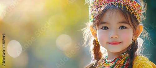 Portrait of a cheerful young girl from a hill tribe in Thailand, adorned in traditional colorful attire and accessories, set against a blurred natural background. photo