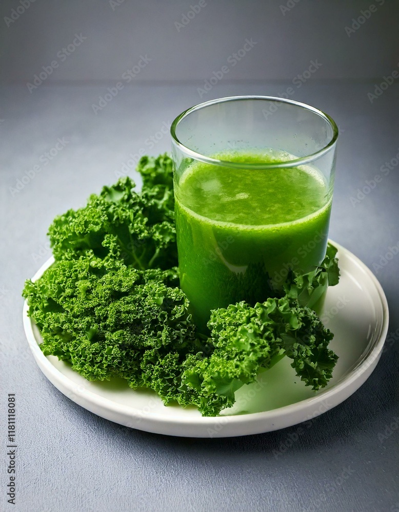 Green kale juice smoothie and fresh kale leaves on a white plate Green kale juice smoothie and fresh kale leaves on a white plate