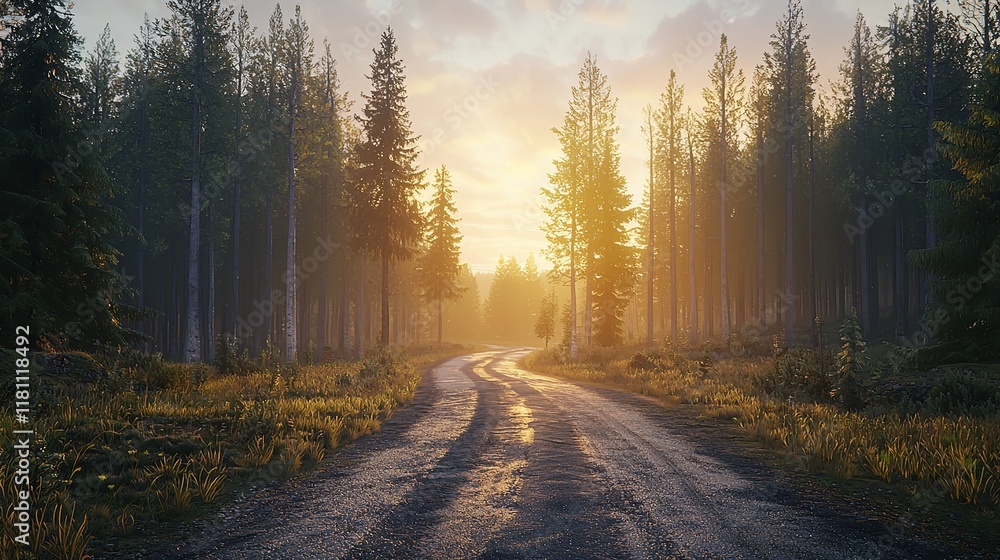 Obraz premium Picturesque Road Along the Forest at Sunset in 16K Resolution