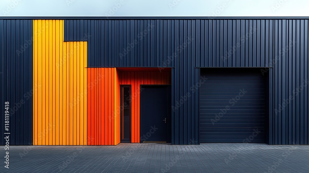 Obraz premium Modern Minimalist Warehouse Facade with Navy Blue and Warm Accents
