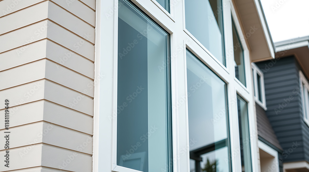 Modern Home Exterior with Multi-Paned Window and Off-White Siding Modern Home Exterior with Multi-Paned Window and Off-White Siding