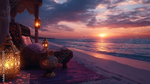 A beach scene with a beautifully carved Moroccan lounge chair, flanked by brass lanterns casting soft shadows, the serene ocean reflecting the golden and purple tones of dusk, intricate details,