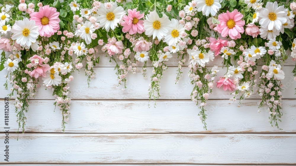 Elegant Display of Pink and White Flowers Against Wooden Background Elegant Display of Pink and White Flowers Against Wooden Background
