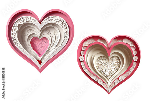 Gorgeous Pink and White 3D Heart Shaped Icons of Papercut Art on Transparent Background, PNG file