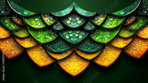 Green and gold scale pattern, water droplets, dark background, digital art, website header.