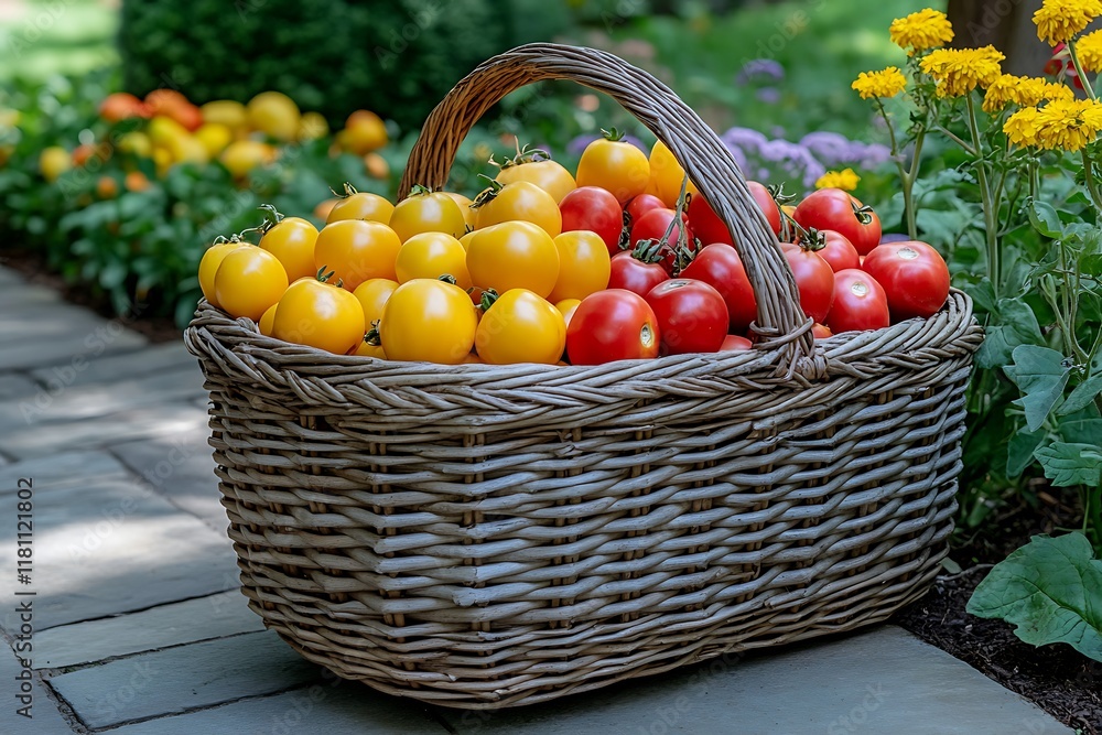 A wicker basket filled with red and yellow tomatoes A wicker basket filled with red and yellow tomatoes