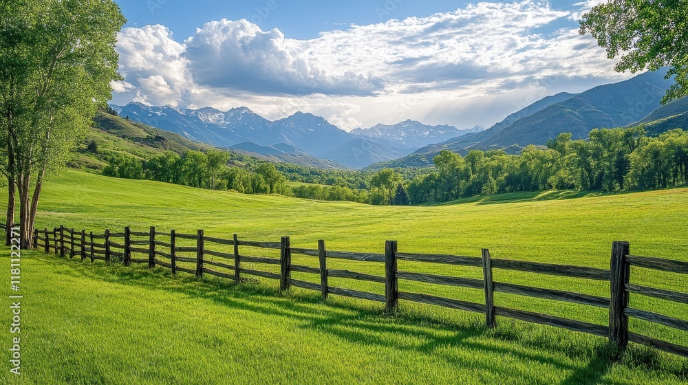 Expansive Green Meadow with Rustic Wooden Fence and Mountains Expansive Green Meadow with Rustic Wooden Fence and Mountains