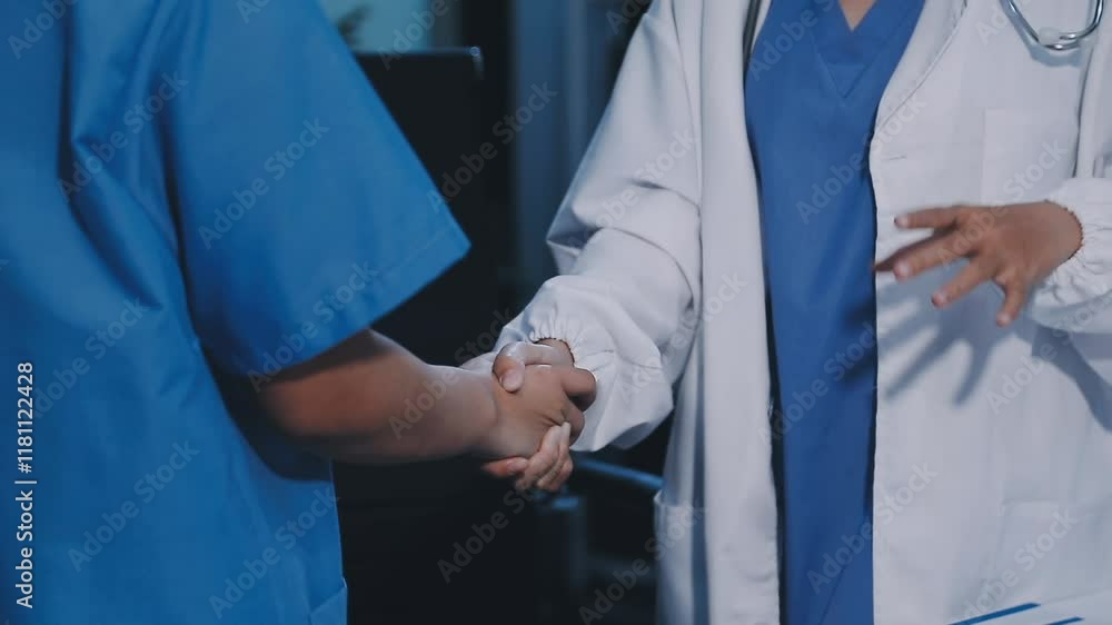 Doctors shaking hands, working together as a team at the hospital. Doctors shaking hands, working together as a team at the hospital.