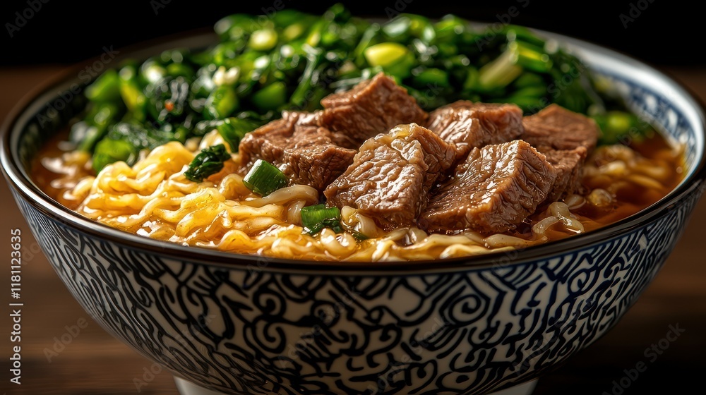 Obraz premium Delicious Beef Noodle Soup in a Blue and White Bowl