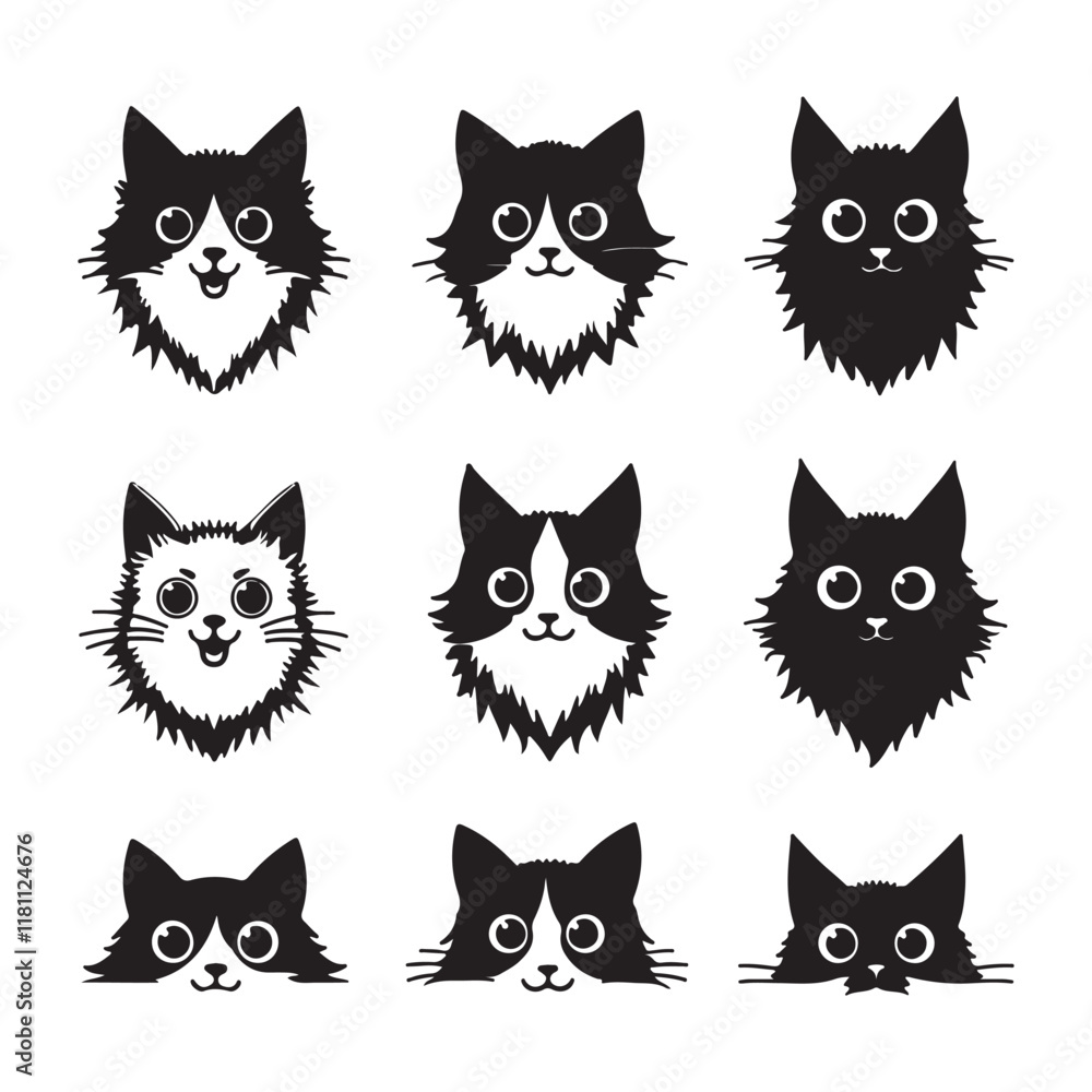 Fototapeta premium Set of 9 cartoon cat faces vector illustrations
