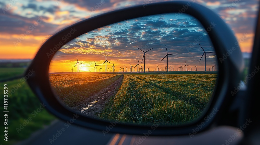 Rearview Mirror of Electric Car with Wind Turbines at Sunset Rearview Mirror of Electric Car with Wind Turbines at Sunset
