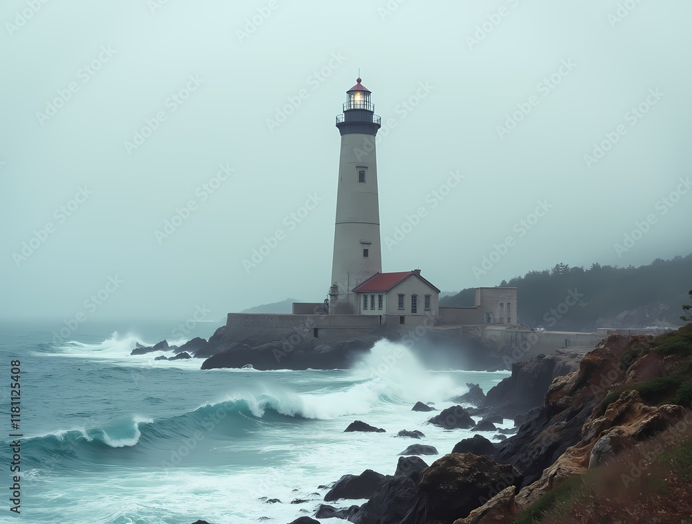 An old lighthouse on the coast, waves crashing against its base An old lighthouse on the coast, waves crashing against its base