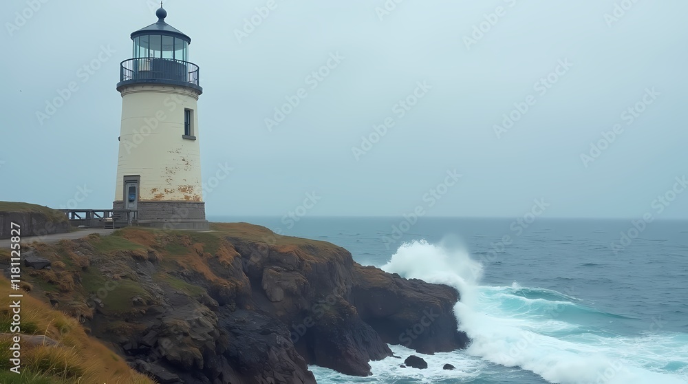 An old lighthouse on the coast, waves crashing against its base An old lighthouse on the coast, waves crashing against its base