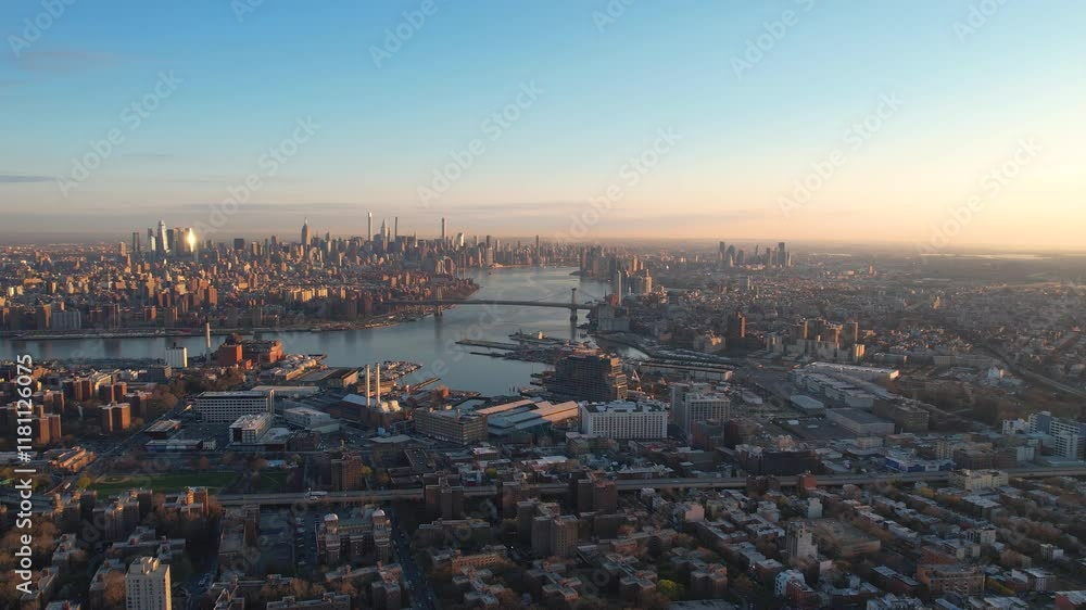 Aerial view of Brooklyn city and Manhattan city skyline at sunrise. Aerial view of Brooklyn city and Manhattan city skyline at sunrise.