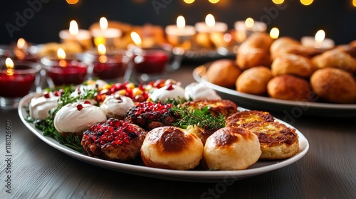 A platter of traditional Hanukkah food, including latkes and sufganiyot, beautifully arranged on a decorated table with candles in the background photo