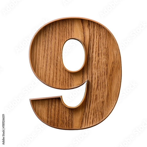 3D WoodTextured Number 9 Isolated on White Background, Cut Out photo