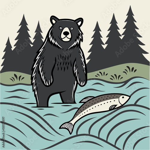 Black bear fishing for salmon in a rushing river, detailed vector artwork capturing nature's raw beauty.