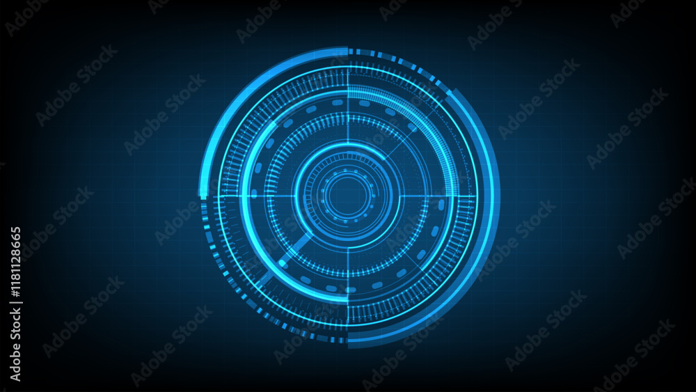 HUD circle glowing Blue light tech system innovation concept Futuristic and technology display interface for communication and innovation cyber space center vector illustration on dark background HUD circle glowing Blue light tech system innovation concept Futuristic and technology display interface for communication and innovation cyber space center vector illustration on dark background