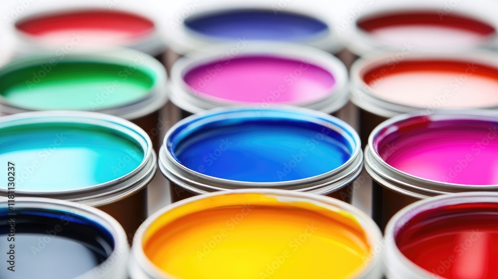 Colorful Paint Cans in a Row: Creative Palette for Art and Design Inspiration Colorful Paint Cans in a Row: Creative Palette for Art and Design Inspiration