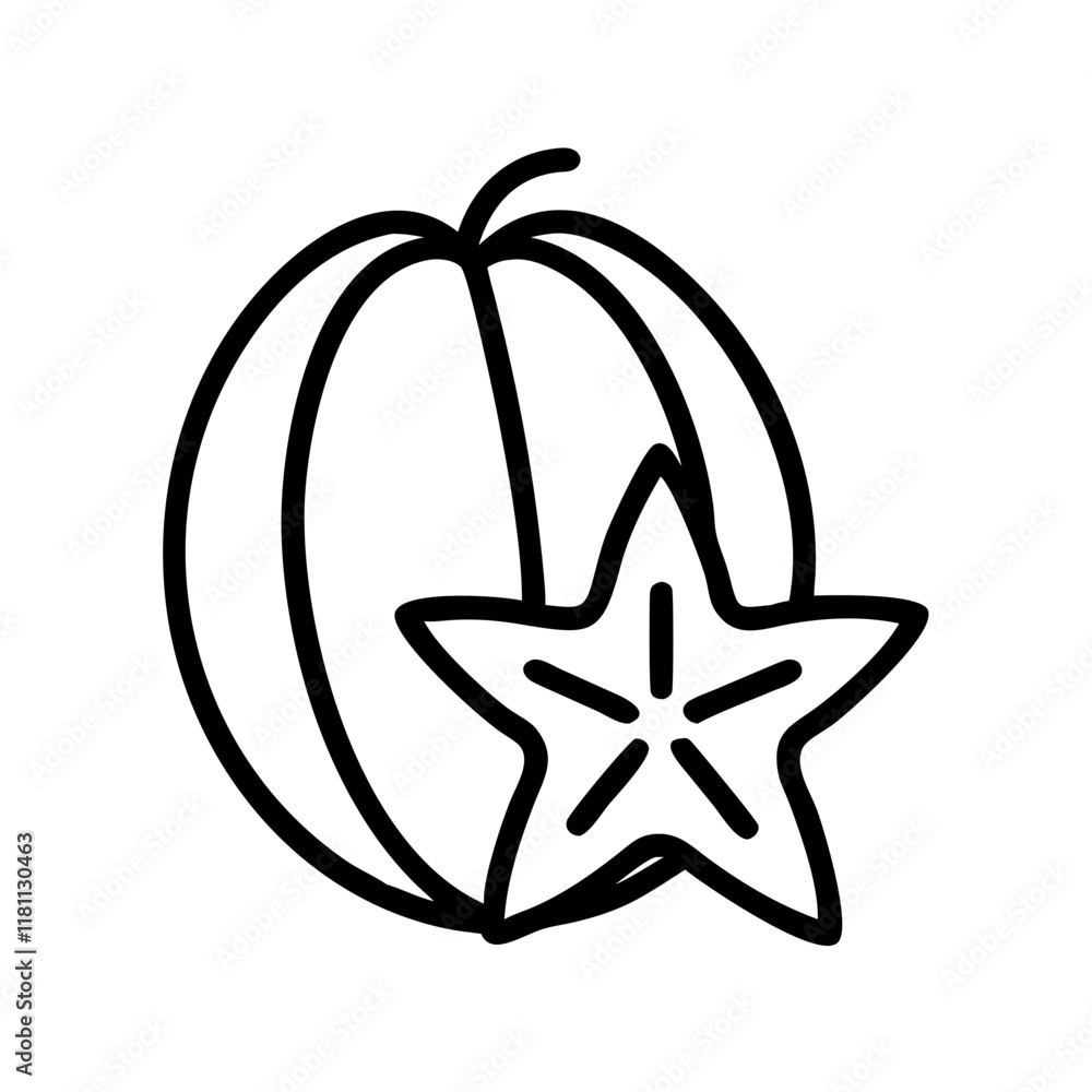 Obraz premium starfruit carambola icon, fruits line art, fruits icon - simple black line art icon of starfruit carambola perfect for logos, and fruits-themed designs.