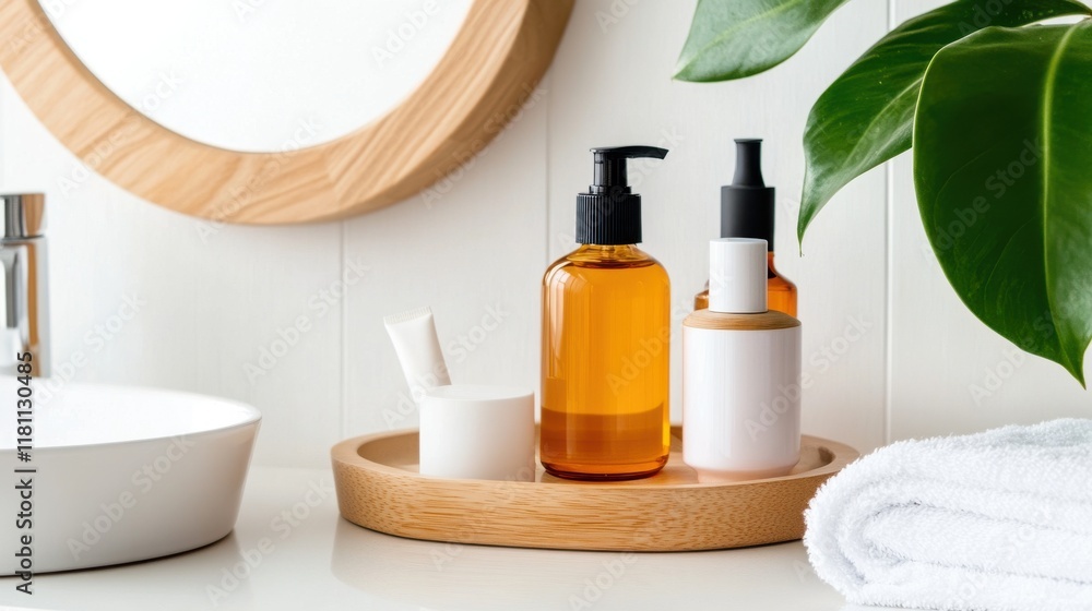 A set of skincare products for combination skin, including balancing toners and lightweight moisturizers, displayed on a clean vanity A set of skincare products for combination skin, including balancing toners and lightweight moisturizers, displayed on a clean vanity