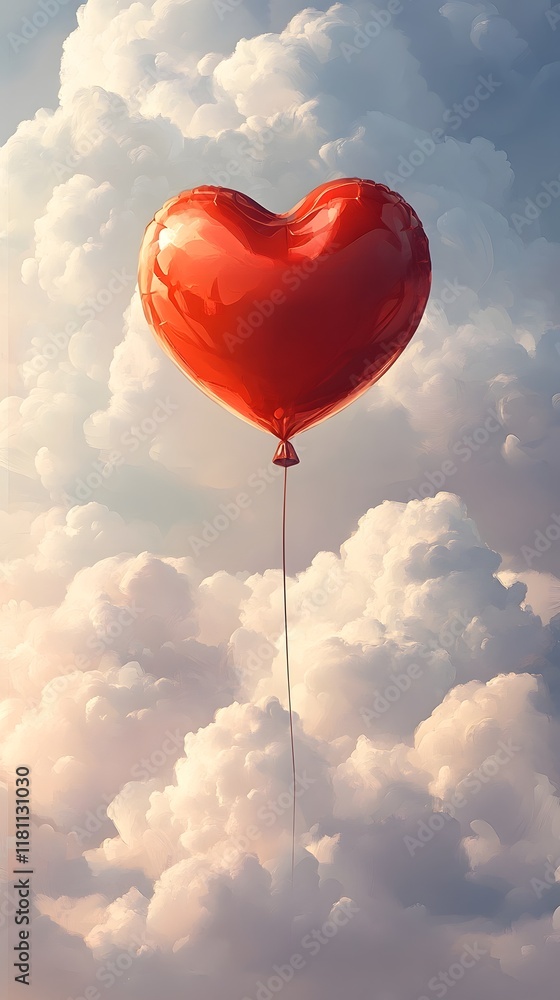 Fototapeta premium Minimalistic Heart Balloon Floating Upward in Cloudy Sky with Blank Background