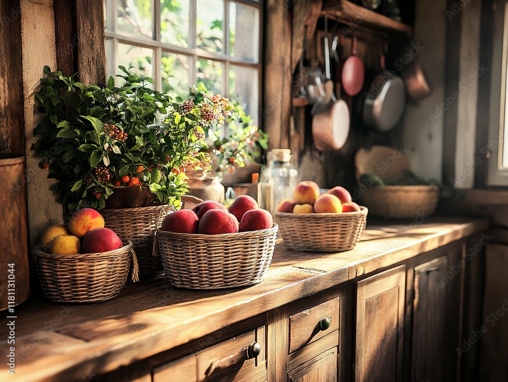 Rustic Kitchen Still Life with Fresh Peaches and Greenery Rustic Kitchen Still Life with Fresh Peaches and Greenery
