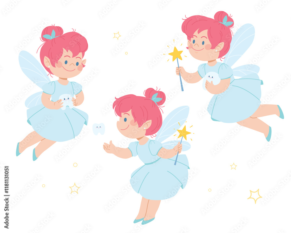 Set of magical tooth fairies with wings, teeth and a magic wand. Fairytale character for children. Caring for baby teeth Set of magical tooth fairies with wings, teeth and a magic wand. Fairytale character for children. Caring for baby teeth