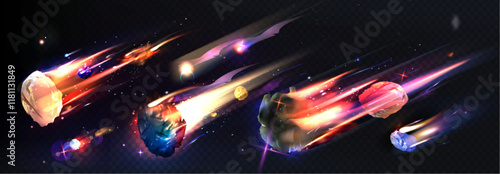 Flaming asteroid and colorful comets. Realistic celestial objects blazing through deep space and leaving luminous trails of fire and cosmic dust for game backgrounds or scientific astronomical design.
