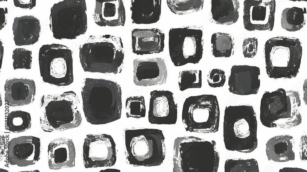 Monochrome abstract square pattern design, textile print, white background, artistic brush strokes, graphic design.