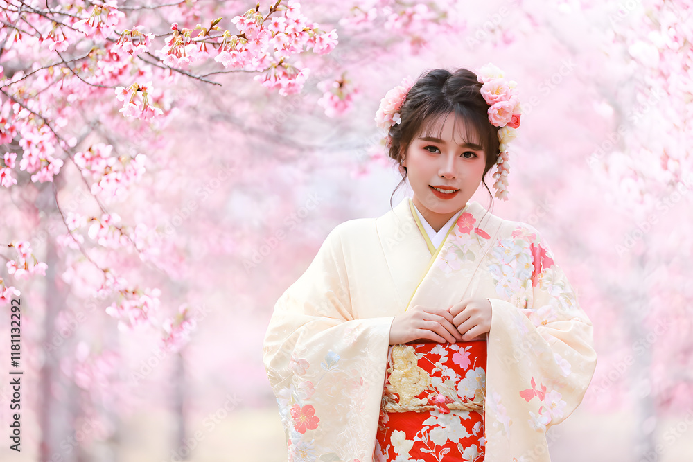 Young Woman in Kimono Surrounded by Cherry Blossom Trees Young Woman in Kimono Surrounded by Cherry Blossom Trees