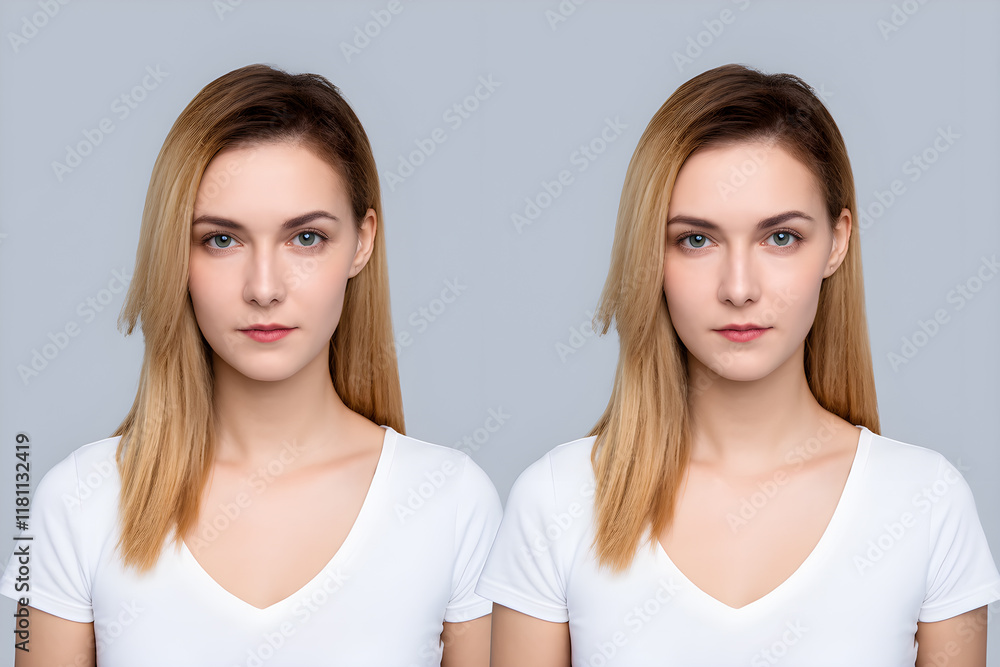 Portrait of Woman with Straight Hair Against Gray Background Split Image Portrait of Woman with Straight Hair Against Gray Background Split Image