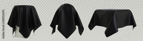 Black cloth reveal mockup set - silky fabric with elegant folds draped over different shapes. Luxury presentation template for product unveiling, grand opening ceremonies and premium display designs.