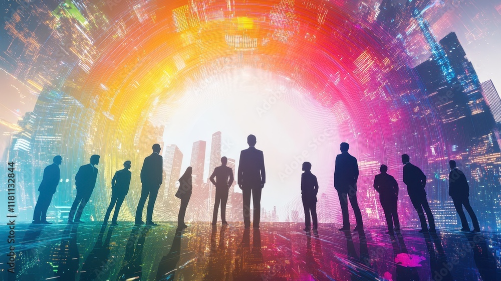Futuristic Colorful Cityscape with Silhouetted Figures in Enclosure Futuristic Colorful Cityscape with Silhouetted Figures in Enclosure