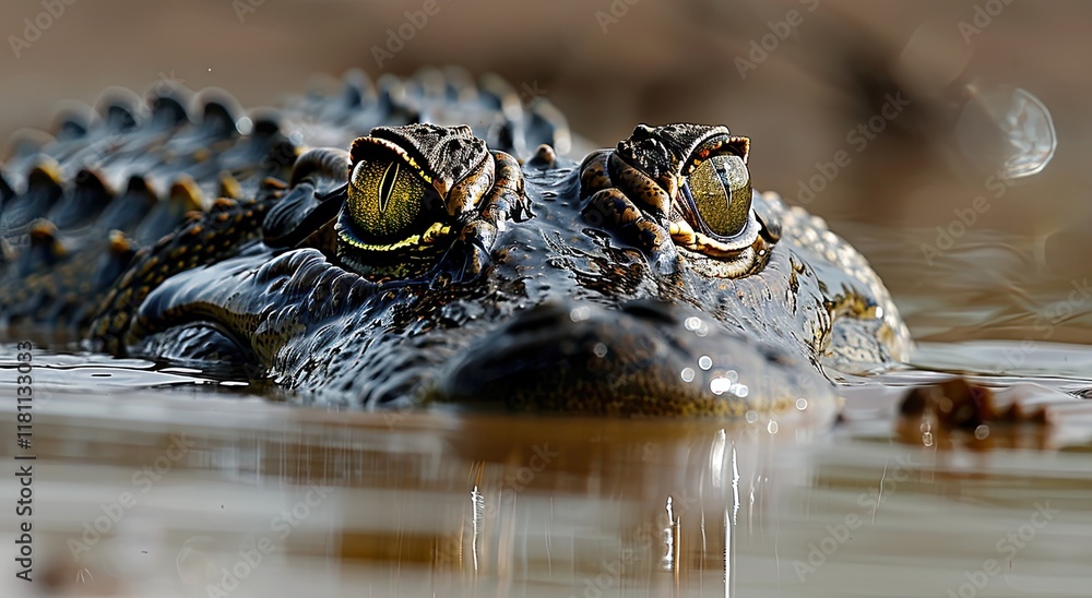 Obraz premium Spectacled caiman in murky water, sunset, wildlife.