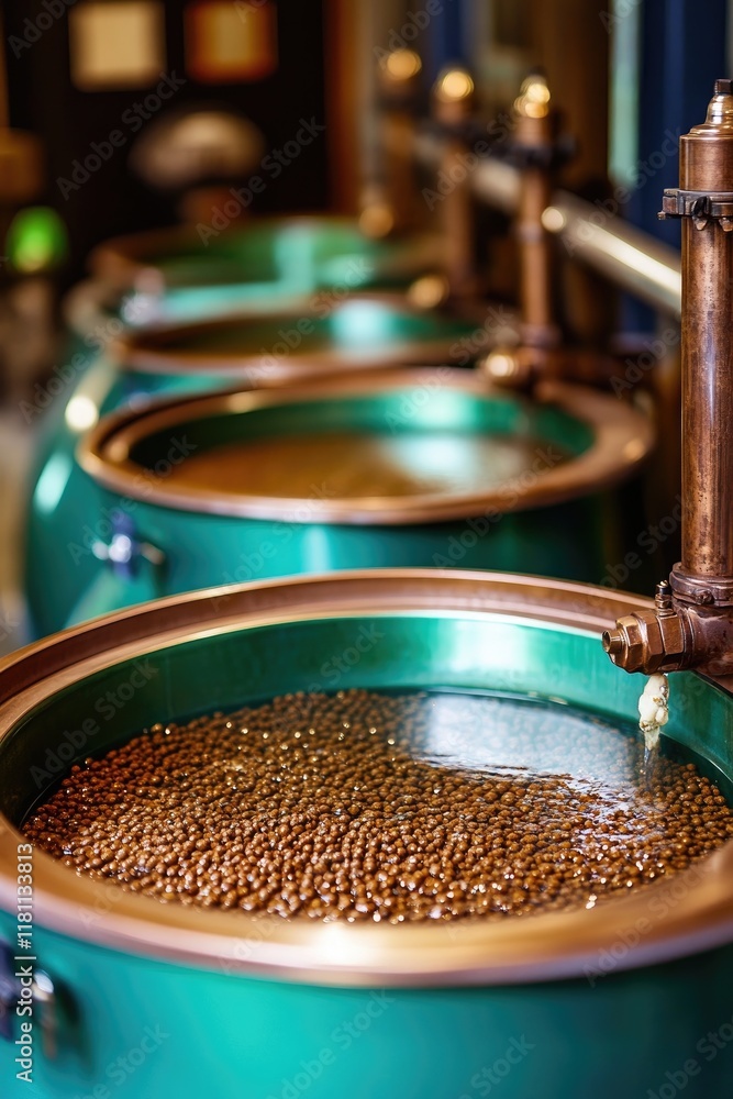 Traditional Coffee Bean Fermentation in Large Copper Vats at an Artisan Coffee Production Facility Traditional Coffee Bean Fermentation in Large Copper Vats at an Artisan Coffee Production Facility