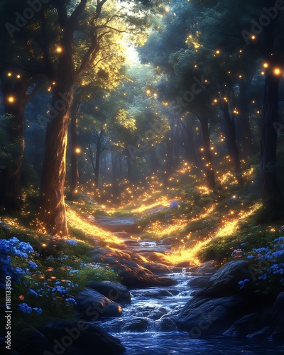 Enchanted forest stream with glowing fireflies and flowers. photo