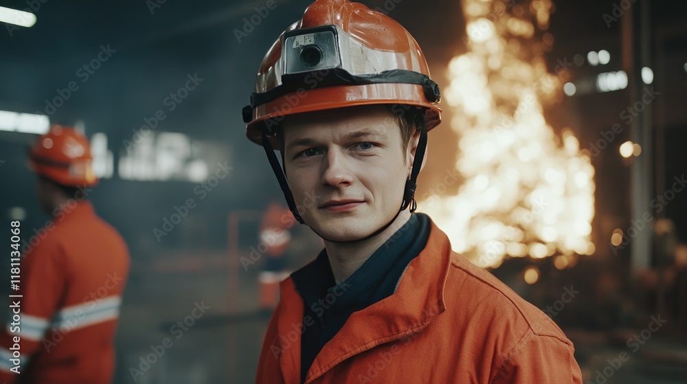 Confident Firefighter in Safety Gear Standing in Front of Blaze in Industrial Setting Confident Firefighter in Safety Gear Standing in Front of Blaze in Industrial Setting