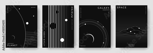 Set of abstract space astronomy backgrounds. Line art planet, galaxy, solar system, universe. Science future concept. Cosmic minimalist design for cover, poster, layout, banner, flyer, brochure
