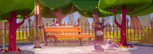Urban park with birds eating seeds. Vector cartoon illustration of public garden with wooden bench, waste bin, retro lanterns, summer green trees, elegant iron fence and pigeons in morning sunlight