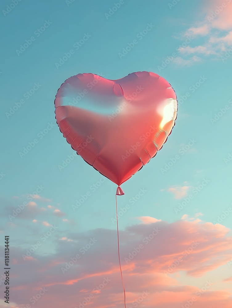 Fototapeta premium Floating Heart Shaped Helium Balloon Against Soft Sky with Clouds