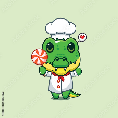 chef crocodile mascot cartoon character holding candy