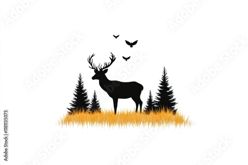 Wildlife Adventure: Silhouette of Deer and Forest Trees in Black - Vector Illustration for Logo or Panoramic Landscape Design photo