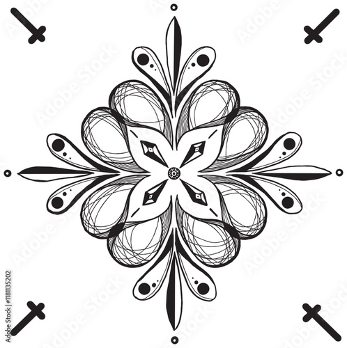 Flower of the Universe. A black and white line drawing of a symmetrical pattern inspired by mandalas. The delicate floral patterns and lines convey a sense of peace and balanced beauty.