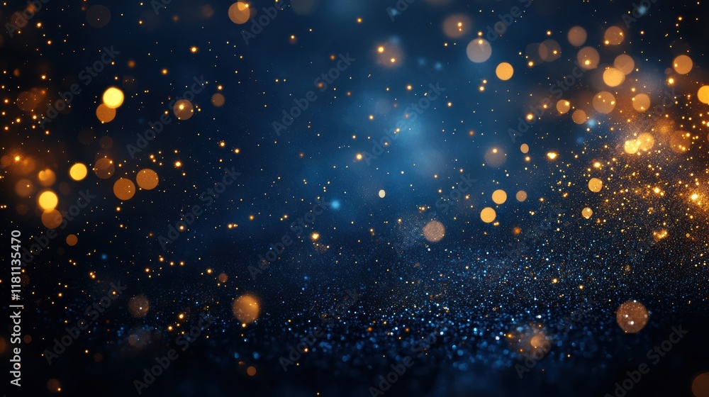 Midnight blue background with golden sparkling bokeh lights Midnight blue background with golden sparkling bokeh lights