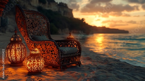 A Moroccan-style chair featuring bold geometric patterns, flanked by lanterns with intricate cut-outs, on a golden beach at dusk, the ocean gently shimmering under soft twilight colors,